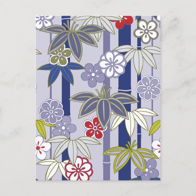 Red White Lila Blommigt Japanska Kimono Mönster Vykort (Framsida)