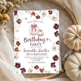 Red White Marsala Fall Autumn Wildblomma Birthday Inbjudningar