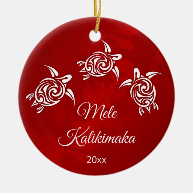 Red White Mele Kalikimaka jul Julgransprydnad Keramik (Framsidan)