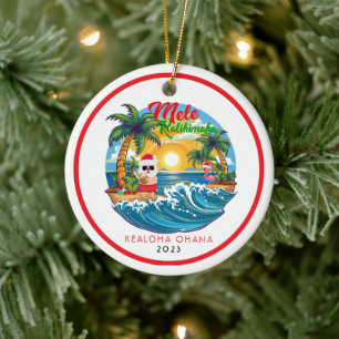 Red White Mele Kalikimaka Santa Surfa Hawaiian Julgransprydnad Keramik