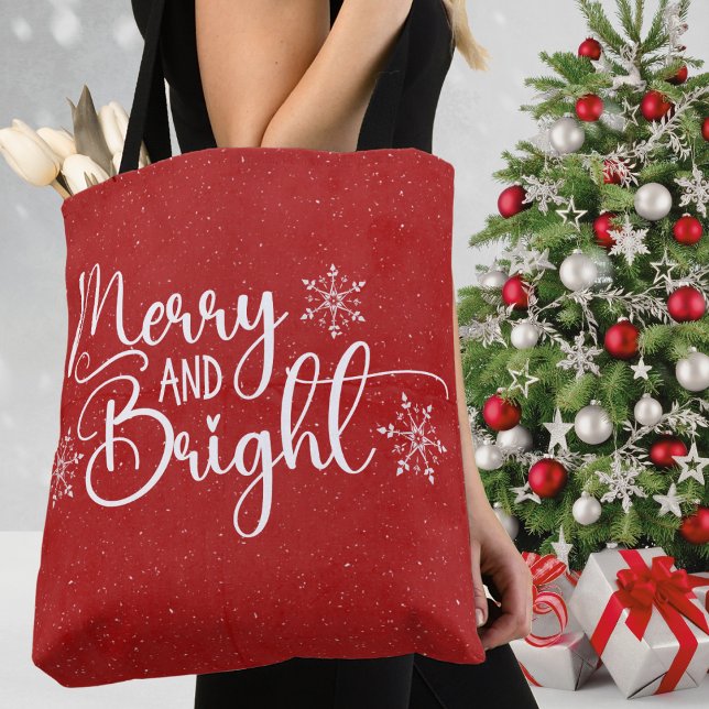 Red & White Merry och Bright Glitter Snö Helgdag Tygkasse (Red & White Merry and Bright Glitter Snow Christmas Holiday Tote Bag)