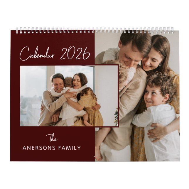 Red & White Minimalist Aesthetic Family Photo Kalender (Omslag)