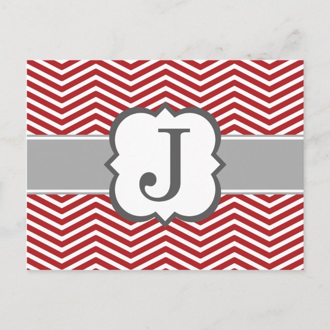Red White Monogram Brev J Chevron Vykort (Framsida)