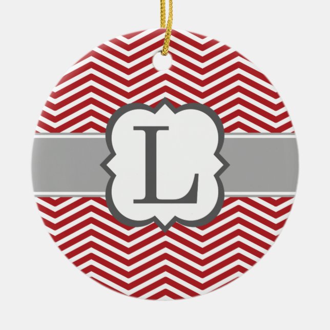 Red White Monogram Brev L Chevron Julgransprydnad Keramik (Framsidan)