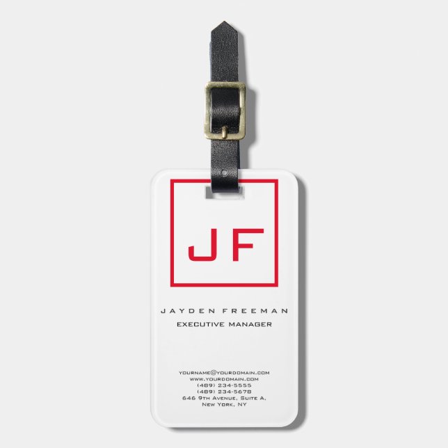 Red White Monogram Modern Minimalist Bagagebricka (Vertikal Framsida)