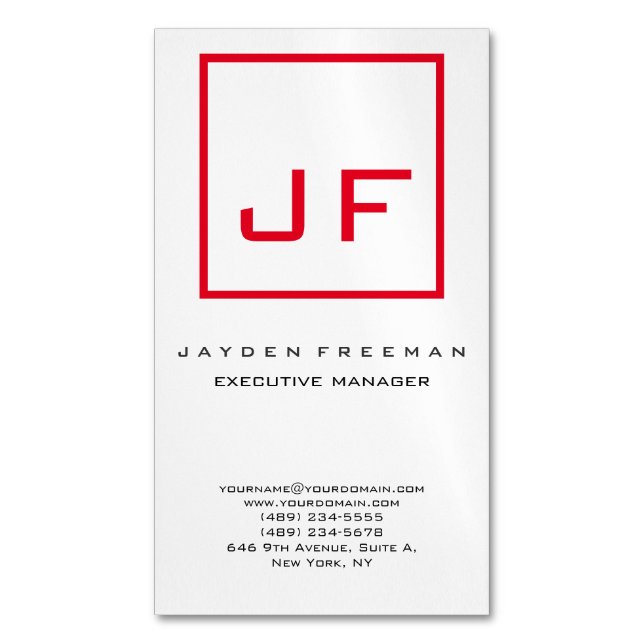Red White Monogram Modern Minimalist Magnetiska Visitkort (Framsida vertikal)