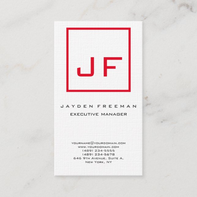 Red White Monogram Modern Minimalist Premium Linen Visitkort (Framsida)