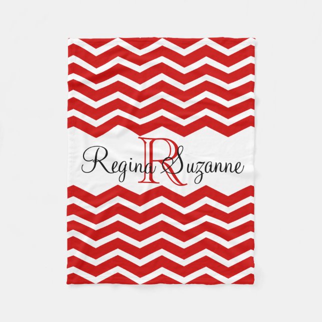 Red White Monogram Namn Keepsaké Chevron Fleecefilt (Framsidan)