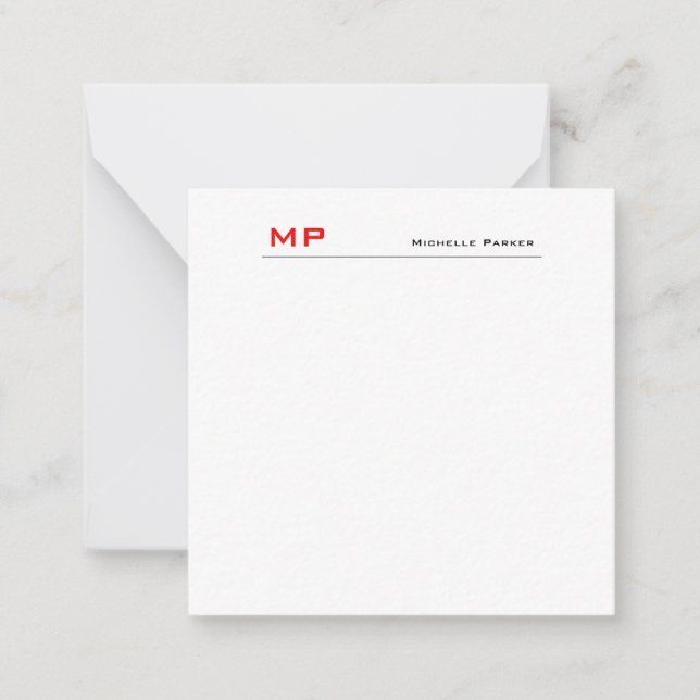 Red White Monogram Professionell Plain Minimalist Anteckningskort (Framsida)