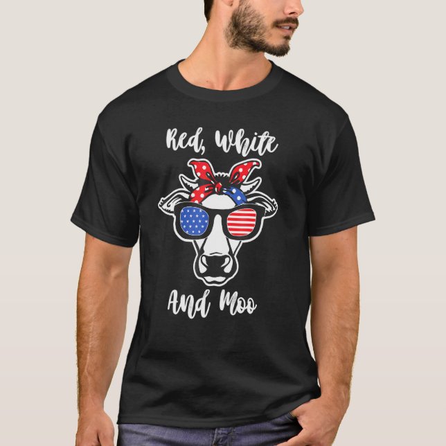 RED WHITE MOO Cow Bandana American Flagga Sunglass T Shirt (Framsida)