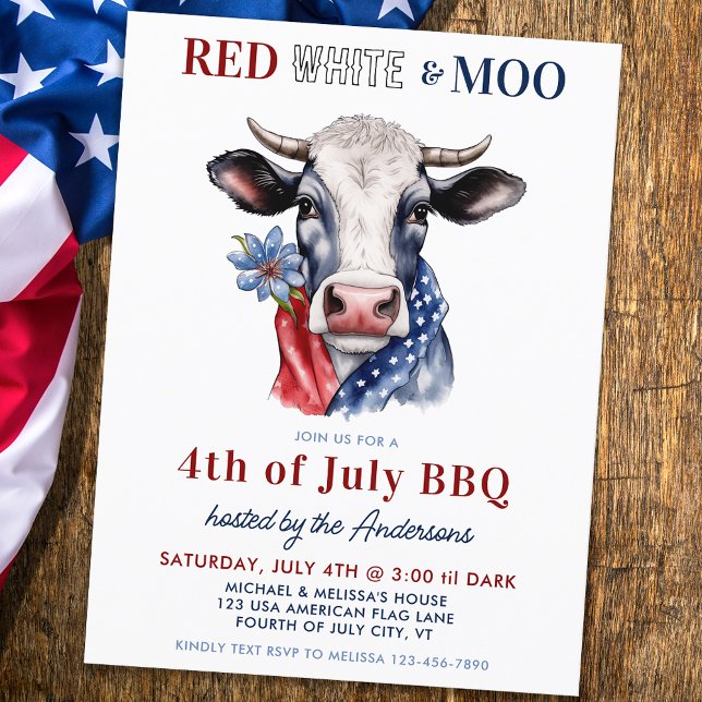 Red White Moo Patriotic Cow Farm 4:e juli Inbjudan Vykort (Skapare uppladdad)