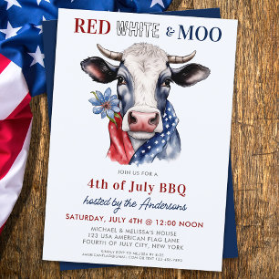Red White Moo Patriotic Cow Farm 4:e juli Inbjudningar
