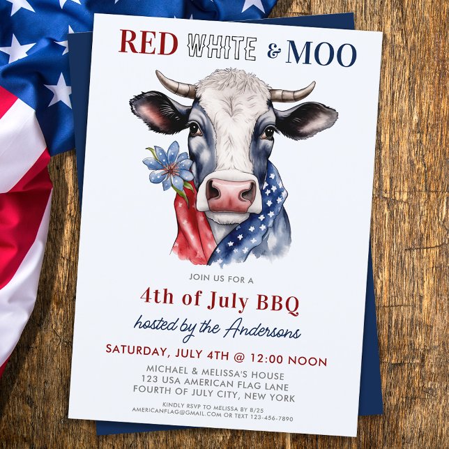 Red White Moo Patriotic Cow Farm 4:e juli Inbjudningar (Skapare uppladdad)