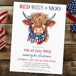 Red White Moo Patriotic Highland Cow 4:e juli Inbjudan Vykort