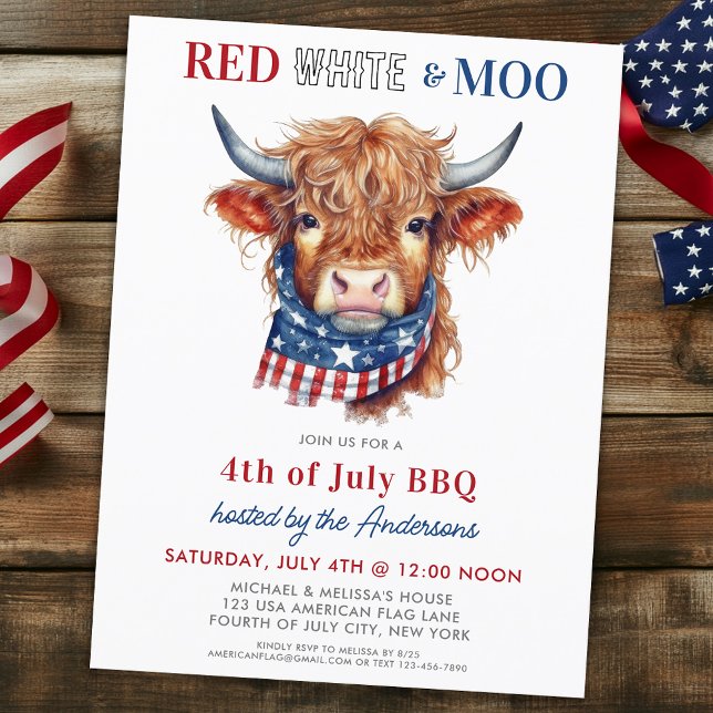 Red White Moo Patriotic Highland Cow 4:e juli Inbjudan Vykort (Skapare uppladdad)