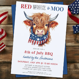 Red White Moo Patriotic Highland Cow 4:e juli Inbjudningar