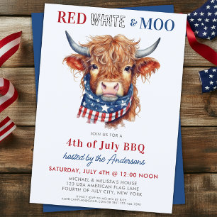 Red White Moo Patriotic Highland Cow 4:e juli Inbjudningar