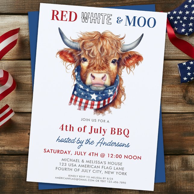 Red White Moo Patriotic Highland Cow 4:e juli Inbjudningar (Skapare uppladdad)