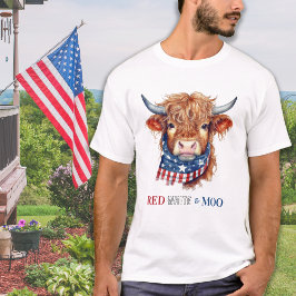 Red White Moo Patriotic Highland Cow 4:e juli T Shirt