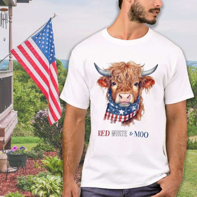 Red White Moo Patriotic Highland Cow 4:e juli T Shirt (Skapare uppladdad)