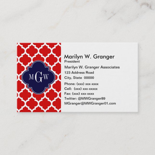 Red, White Moroccan #5 Navy 3 Initial Monogram Visitkort (Framsida)