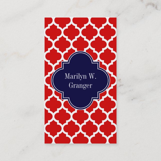 Red White Moroccan #5 Navy Blue Namn Monogram Visitkort (Baksida)