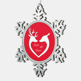 Red & White Mr & Mrs Hjort Couple Snöflinga Pewter Julgransprydnad