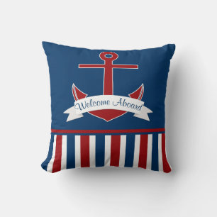 Red White Nautical Rand Red Anchor Banner Kudde