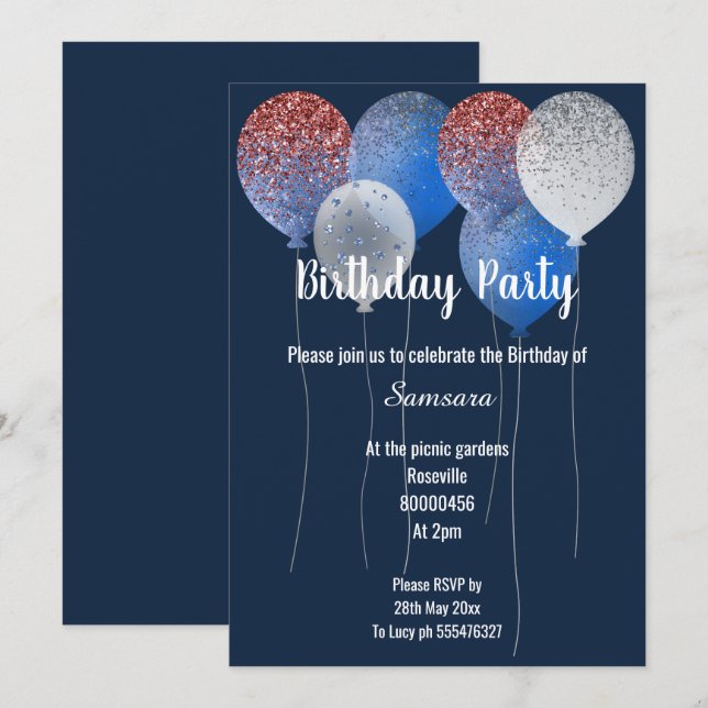 RED WHITE & NAVY BLUE BIRTHDAY BALLOON INBJUDNINGAR (Fram/baksida)