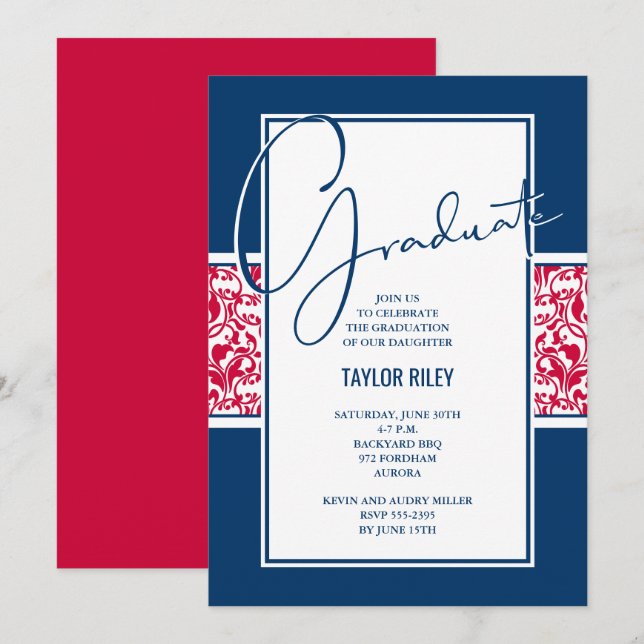 Red White Navy Damask Studenten Inbjudningar (Fram/baksida)
