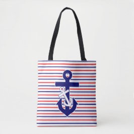 Red White & Navy Rand with Anchors Tote Bag Tygkasse