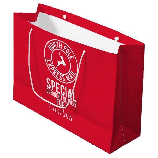 Red & White North Pole Express Mail Namn Gift Bag (Framsidan Vinklad)