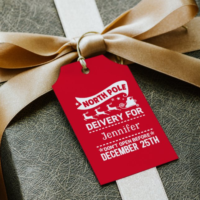 Red & White North Pole SANTA Delivery Namn Presentetikett (Skapare uppladdad)