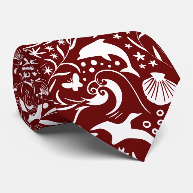 Red White Ocean Mönster | Dolphin Vågar Snäcka Cra Slips (Rullad)