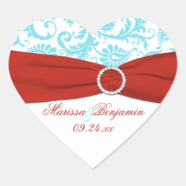 Red, White och Aqua Damask Heart Shape Sticker Hjärtformat Klistermärke