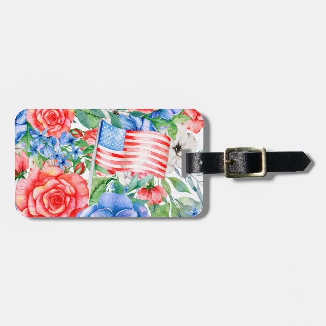 Red White och Blåa blommor 4:e juli Patriotic Bagagebricka (Horisontell Framsida)