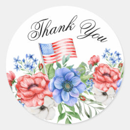 Red White och Blåa blommor med Flagga Sticker Runt Klistermärke