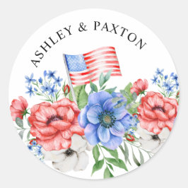Red White och Blåa blommor med Flagga Sticker Runt Klistermärke