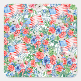 Red White och Blåa blommor Patriotic 4 juli Fyrkantigt Klistermärke