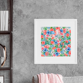 Red White och Blåa blommor Patriotic 4 juli Poster