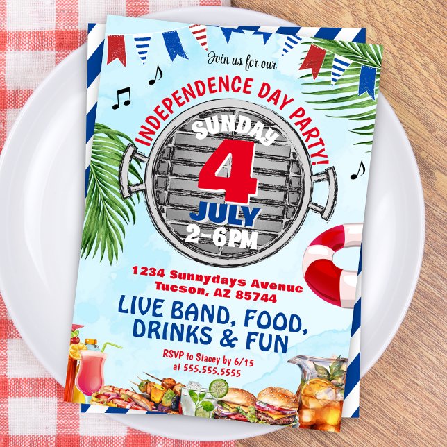 Red White och Blue 4:e juli Bassäng Party BBQ Inbjudningar (Modern Patriotic Pool Party Barbeque Invitation for Independence Day, 4th of July or Memorial Day)