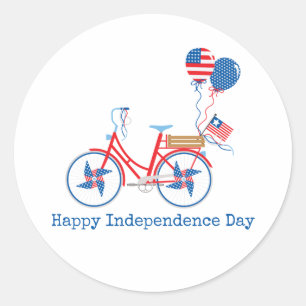 Red White och Blue 4:e juli Whimsical Bicycle   Runt Klistermärke