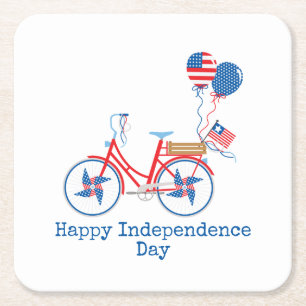 Red White och Blue 4:e juli Whimsical Bicycle Underlägg Papper Kvadrat