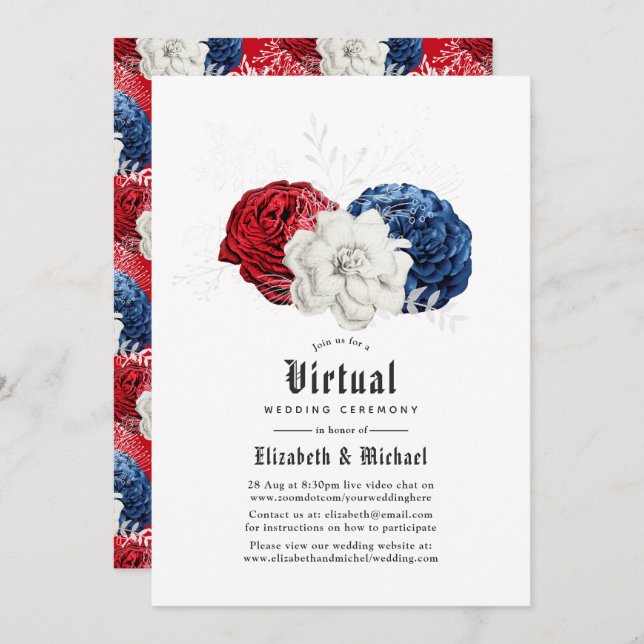 Red White och Blue American Online Virtuella Bröll Inbjudningar (Fram/baksida)