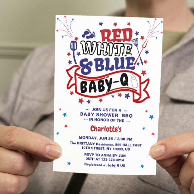 Red White och Blue Baby-Q Boy BBQ Baby Shower Inbjudningar (BBQ BABY-Q baby shower invitation 4th of july them independence day celebration patriotic stars and )