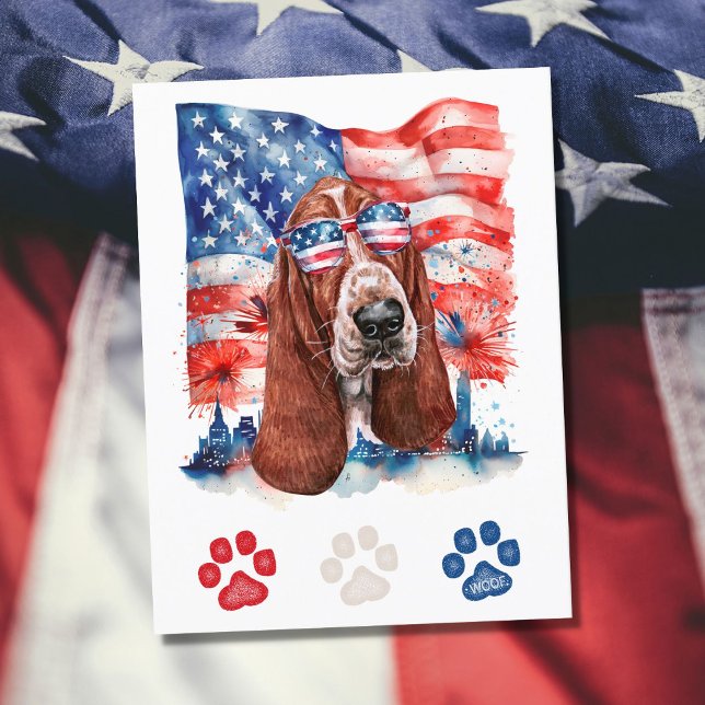 Red White och Blue Basset Hound Hund 4 juli Helg Vykort (Skapare uppladdad)