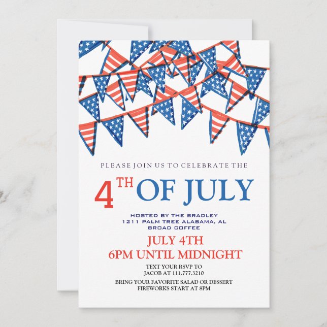 Red White och Blue BBQ Fireworks 4:e juli Party Inbjudningar (Framsida)