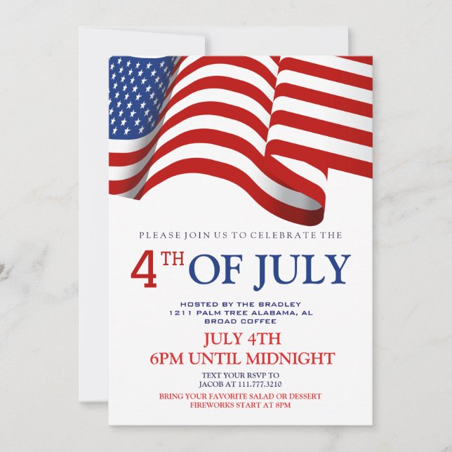 Red White och Blue BBQ Fireworks 4:e juli Party Inbjudningar (Framsida)