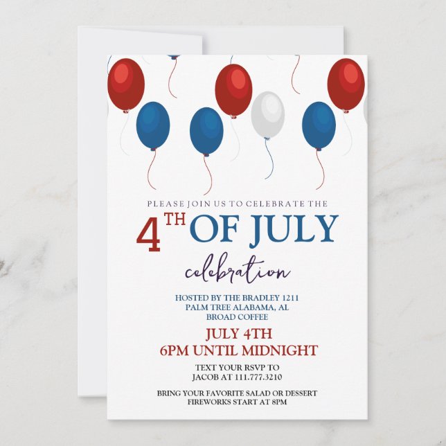 Red White och Blue BBQ Fireworks 4:e juli Party Inbjudningar (Framsida)
