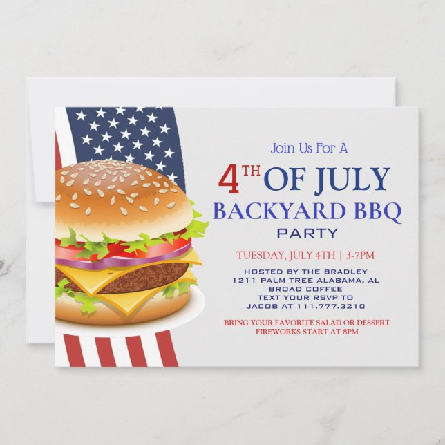 Red White och Blue BBQ Fireworks 4:e juli Party Inbjudningar (Framsida)